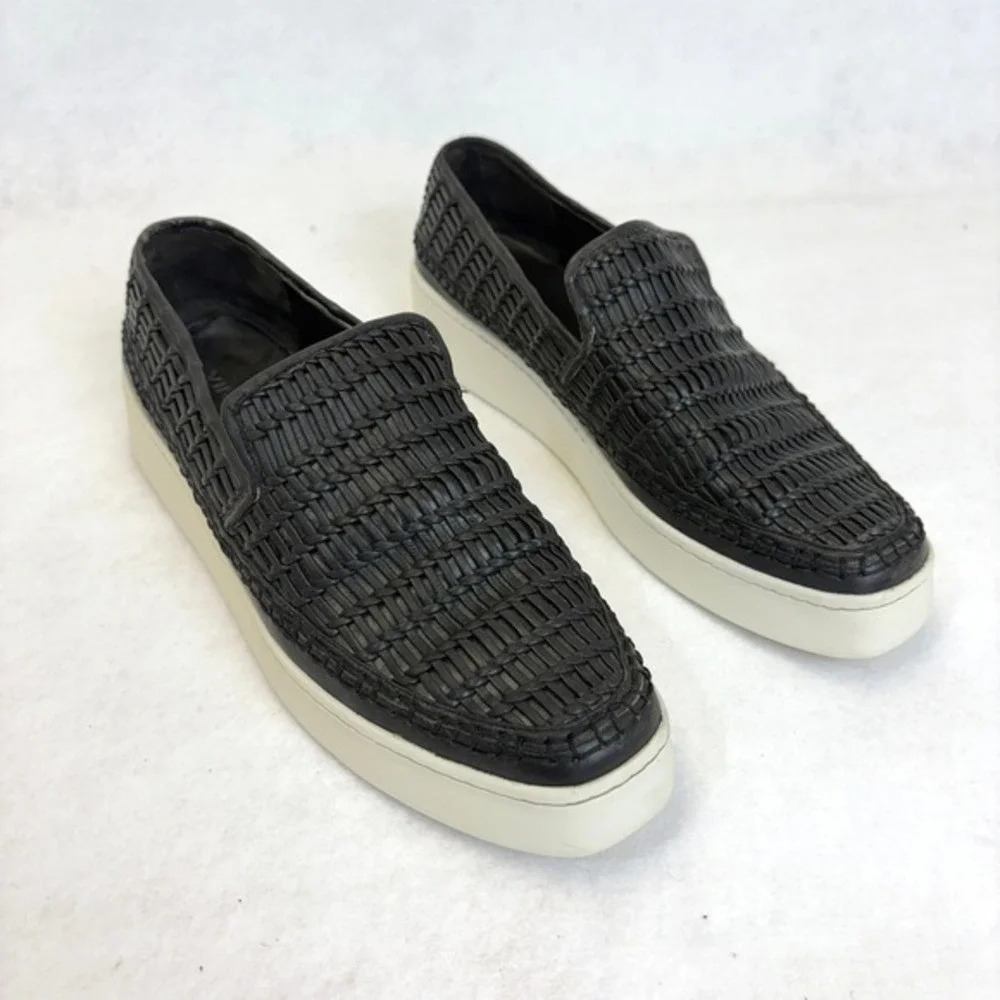VINCE Stafford Platform Black Woven Leather Slip On Sneakers Womens Size 10 / 40